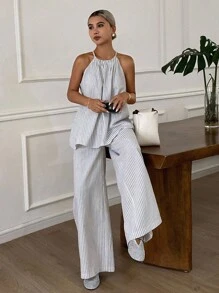 DAZY Women's Casual Striped Halter Sleeveless Top And Wide Leg Maxi Pants 2 Pieces Set - White - View 5