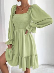 Chiquease Square Neck Shirred Bodice Flounce Sleeve Ruffle Hem Dress Fall Cloth For Women - Mint Green - View 3