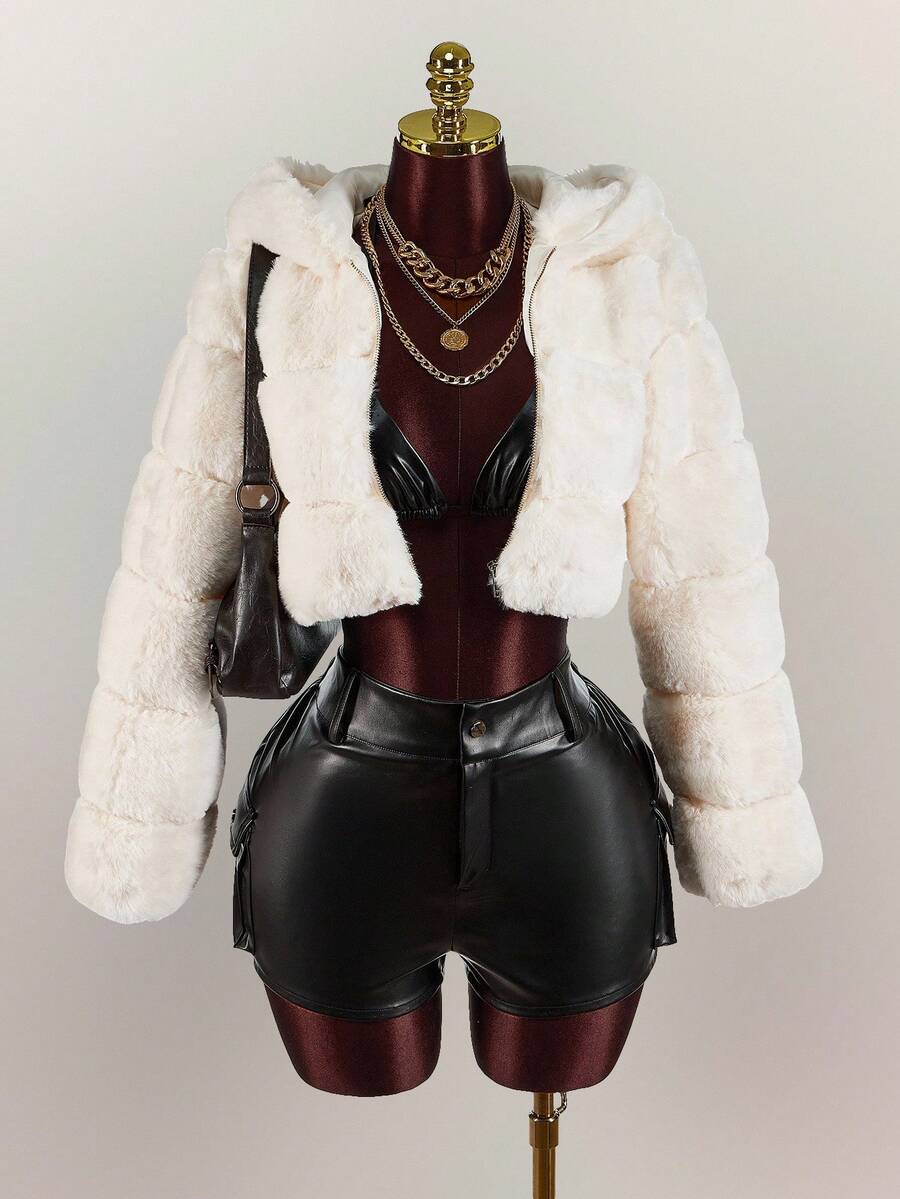 Amplova Women's Solid Color Cropped Hooded Faux Fur Jacket, Winter Faux Fur Coat,Fall - White - View 1