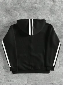 Manfinity Roghcode Sudadera con capucha de bloques de color y rayas con cremallera y cordón, sudadera negra para hombre - Negro - Ver 2