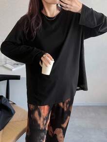 FRIFUL 女士黑色圆领插肩袖撞色蕾丝宽松休闲长袖T恤，适合外出，秋季 - 黑色 - 查看 3