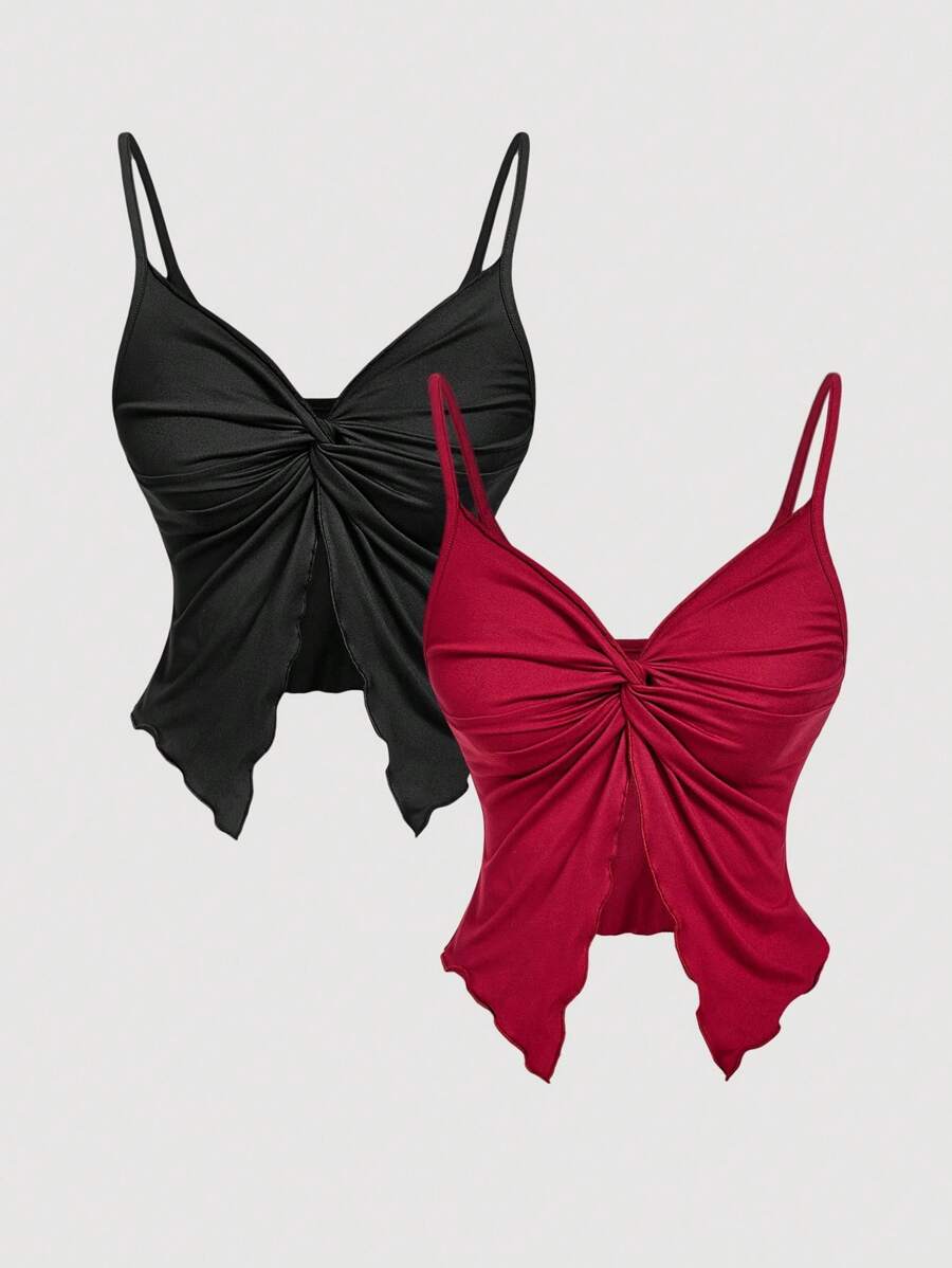 SHEIN MOD 女士优雅纯色扭纹吊带背心，夏季 - 酒紅色 - 查看 1