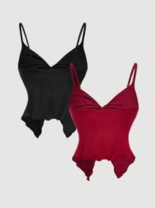 SHEIN MOD 女士优雅纯色扭纹吊带背心，夏季 - 酒紅色 - 查看 2