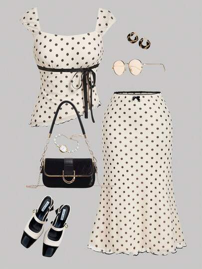 SHEIN MOD Plus Size Polka Dot Bowknot 2 Pieces Set: Asymmetrical Hem Top & Fish Tail Skirt, Vintage 2 Pieces Outfit. . Polka Dot Outfit.Elegant Two Piece Set Women Polka Dot Skirt Set.2 Pieces Set For Autumn/Winter