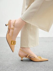 CUCCOO BIZCHIC 女士时尚尖头链条装饰露背小猫跟高跟鞋，通勤风格 - 杏色 - 查看 5