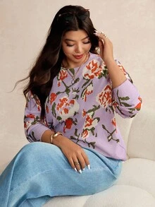 Elaquor 大码优雅简约花卉印花宽松针织套头衫女式曲线衬衫大码花卉毛衣大码女装衬衫大码毛衣大码秋冬上衣 - 紫色 - 查看 5