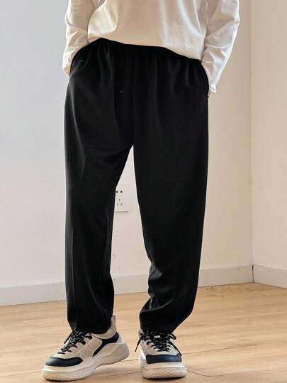 SHEIN Little Byeori 青少年男童黑色休闲日常百搭舒适拼接织带宽松纯色直筒锥形裤