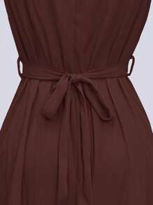 SHEIN Clasi 女士优雅 V 领橙色中长连衣裙，金属环扣腰带，合身腰部设计，春夏