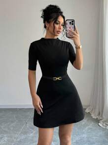 Elenzga 时尚新款中式立领小黑裙，女款优雅纯色中式立领中袖A字金属腰带A字连衣裙，高弹力纹理面料，纯色，时尚修身，适合通勤、休闲日常、返校季、教师装、职业装 - 黑色 - 查看 6