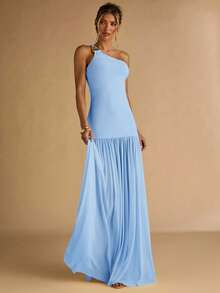 SHEIN BAE 女士杏色不对称肩部金属扣装饰紧身连衣裙，透明下摆，优雅 - 淺藍色 - 查看 6