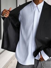 Manfinity Hypemode Men's Street Style Suit Blazer, Men's Fashionable Long Sleeve Blazer With Pocket Design, Excellent Gift For Men , Men Baggy Suit , Smart Casual , Black - Black - View 7