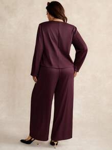 Elaquor Plus Size Women's Solid Color Long Sleeve Suit Set In Fall/Winter - Burgundy - View 2