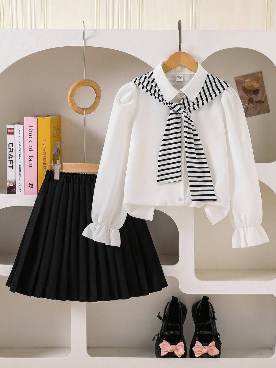青少年女孩衬衫套装，时尚三件套：白色梭织衬衫、黑色百褶裙 + 黑白条纹披肩，适合上学季节和休闲日常穿着 - 黑色 - 查看 1