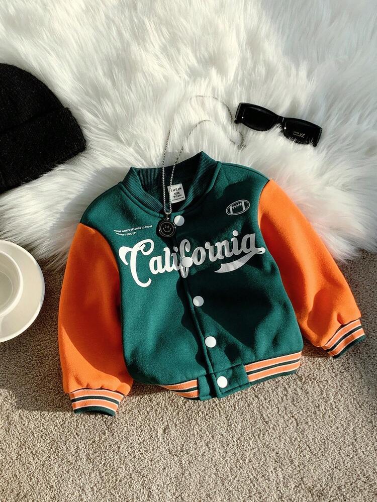 SHEIN Baby Boys Casual Sports Cute Versatile Thermal Lined Orange/Green Baseball Jacket, Thick Jacket For Autumn/Winter Baby Boy Winter Clothes, Baby Winter Clothes, Unisex Baby Clothes, Zip-Up Jacket, Kids Jacket, Halloween Costume, Baby Halloween Costume - Multicolor - View 12