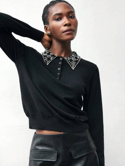 Maija 女士休闲纽扣和水钻装饰半拉链毛衣