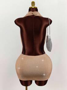 Amplova Sexy Kleid mit tiefem Ausschnitt und rückenfreiem Trägerkragen für Damen in Große Größen - Gold - Übersicht 2