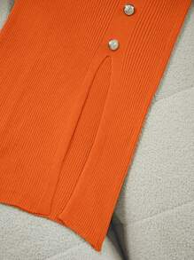 Franclia 女士优雅修身圆领短袖开衩装饰纽扣针织连衣裙，夏季大学针织毛衣 - 橘色 - 查看 6