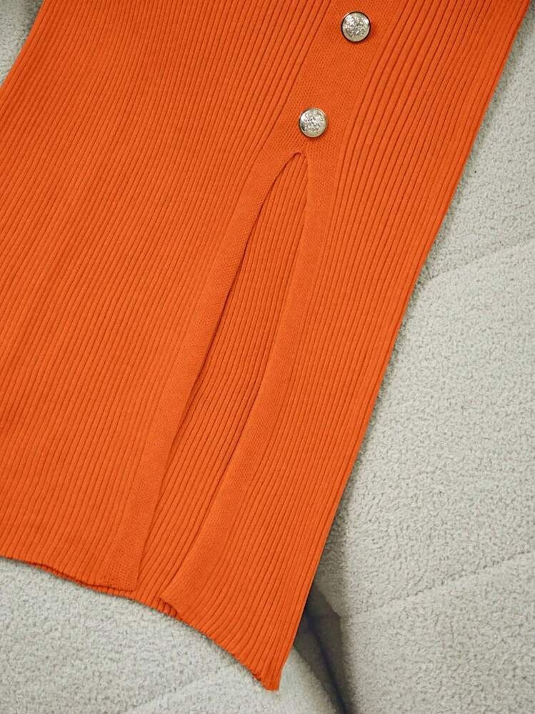 Franclia 女士优雅修身圆领短袖开衩装饰纽扣针织连衣裙，夏季大学针织毛衣 - 橘色 - 查看 6