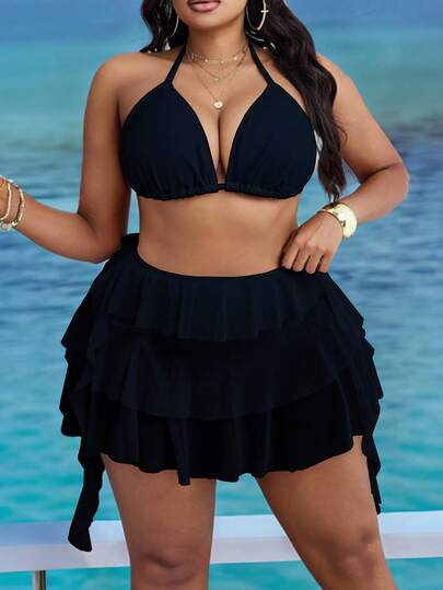 Slaydiva Plus Size Women's Solid Color Halter Neck Top And Multi-Layer Ruffle Bottoms Two Pieces Swimsuit