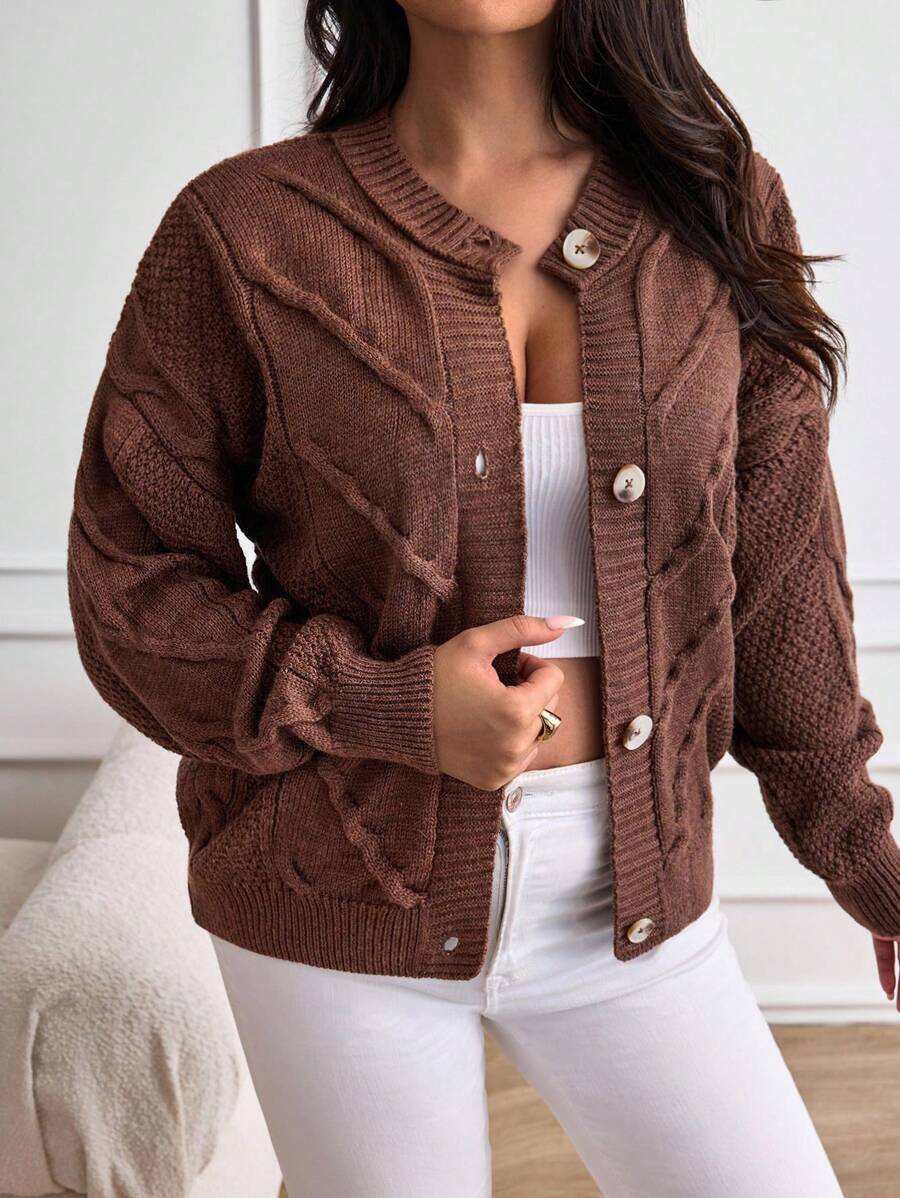 EURMUSE Plus Size Women's Loose Fit Solid Round Neck Long Sleeve Cardigan For Vacation, Long Sleeve Tops - Brown - View 1