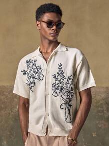 AKNOTIC Business Casual 花卉提花休闲精致男士毛衣 - 黑與白 - 查看 3