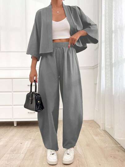 EURMUSE Completo casual da donna composto da cardigan corto e pantaloni, comodo set da due pezzi