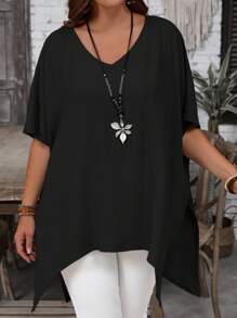EMERY ROSE Camisa larga asimétrica de manga corta y cuello en V de unicolor, holgada, para mujer de talla grande, de verano - Negro - Ver 3