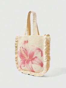 ROMWE Fairycore Borsa da spalla casual da spiaggia con stampa floreale tessuta - Bianco - Visualizzare 2