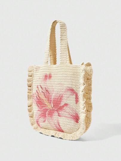 Fairycore Vacation Casual Floral Print Woven Shoulder Bag