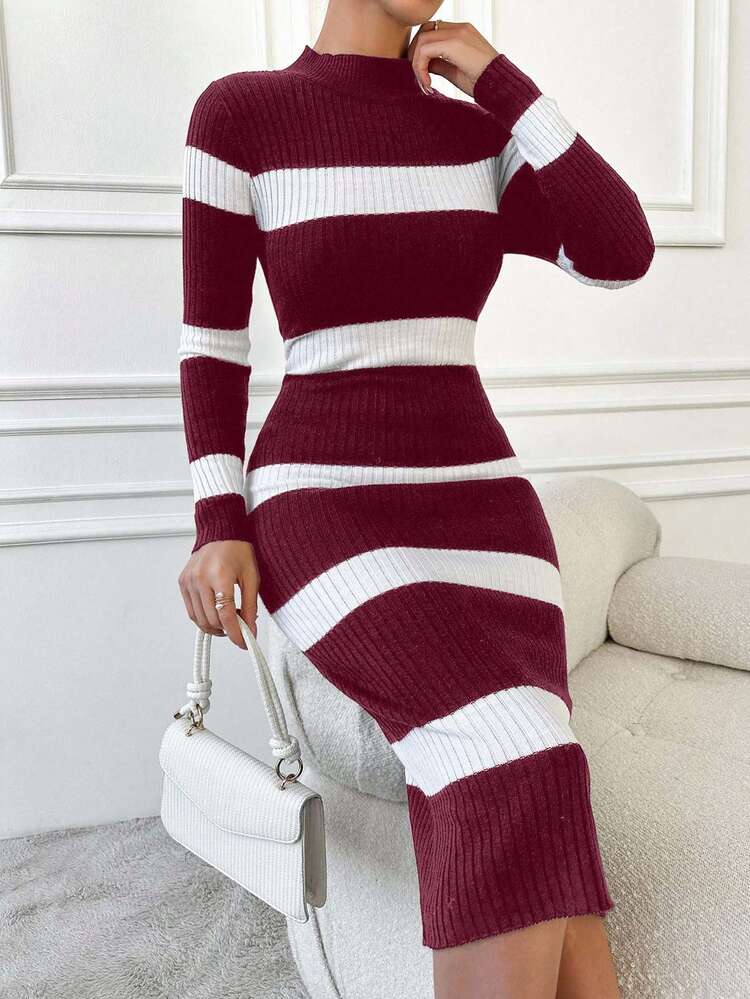 EURMUSE Women's Stand Collar Raglan Sleeve Ribbed Knit Ribbed Red And White Sweater Dress,Winter Dresses - Burgundy - View 3