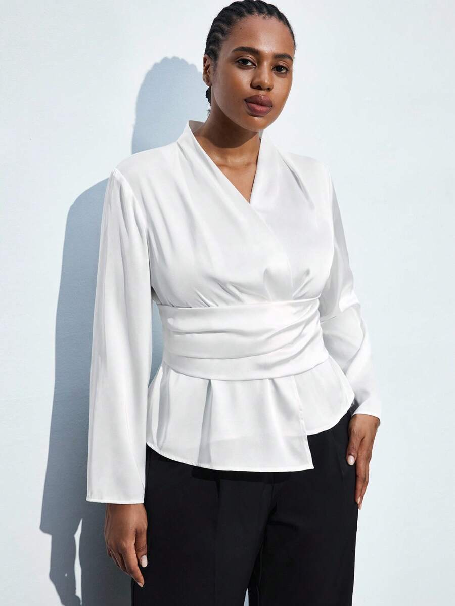 Maija Plus Size White Satin Blouse Long Sleeve Top,Women's Elegant Silky Summer Dinner Commuter Wear,Business Casual Autumn,New Year Party,Date,Graduation