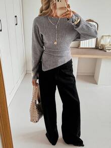 Siren Gaze Women's Elegant Gray Autumn Off-Shoulder Asymmetrical Ruched Knit Sweater,Wool Long Sleeve Fitted Pullover Top For Date,Office,Minimalist Old Money - Grey - View 7