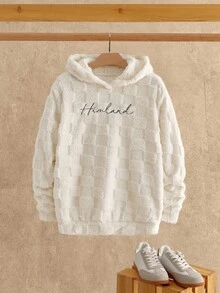 Manfinity VCAY 男士休闲字母刺绣修身插肩袖连帽衫，毛绒连帽衫，泰迪熊抓绒柔软连帽衫，秋冬款 - 米色 - 查看 3