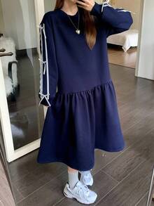 1. 海军蓝圆领卫衣裙，蕾丝蝴蝶结装饰卫衣裙，少女甜美保暖衬里卫衣裙，可爱休闲裙 - 藏蓝色 - 查看 3