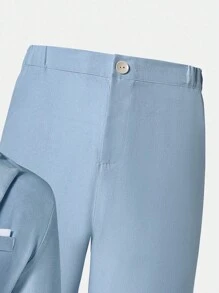 SHEIN 2 件/套青少年男孩绅士装，包括修身浅蓝色翻领双色西装外套和正装裤，优雅而迷人的正装，适合春夏季、生日派对、晚会、表演、主持人、婚礼季节，适合情人节、生日、婚礼、毕业典礼、婚礼嘉宾、花童、戒指持有人 - 淺藍色 - 查看 7