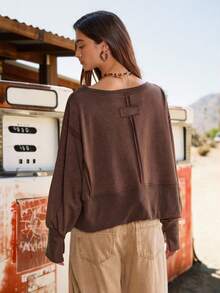 Easelle 女牛仔复古西部女式休闲宽松落肩纯色运动衫秋冬女装不对称下摆剪裁复古水洗 - 咖啡棕 - 查看 3