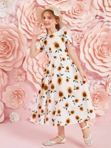 SHEIN Tween Girl Allover Sunflower Print Dress - White - View 2