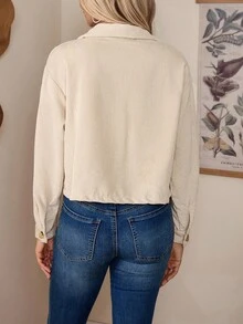 LanaWest 前扣贴袋短款夹克，女士春/秋休闲纽扣、口袋落肩领常规版型杏色纯色女士夹克，休闲日常穿着 - 杏色 - 查看 2