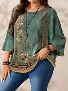 EMERY ROSE Plus Size Women Casual Allover Printed Round Neck Loose 3/4 Sleeve Shirt, Autumn/Winter