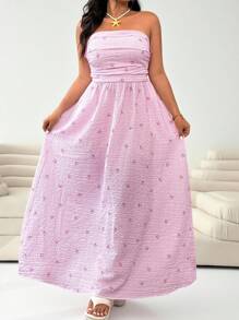 Solflare Plus Size Women Strapless Bowknot Striped Ruched Dress, Pink,Summer Outfits For Women - Pink - View 10