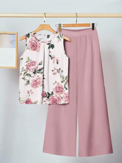 SHEIN Clasi 2pcs Casual Floral Print Women's Set, Includes Tank Top And Long Pants, Suitable For Summer