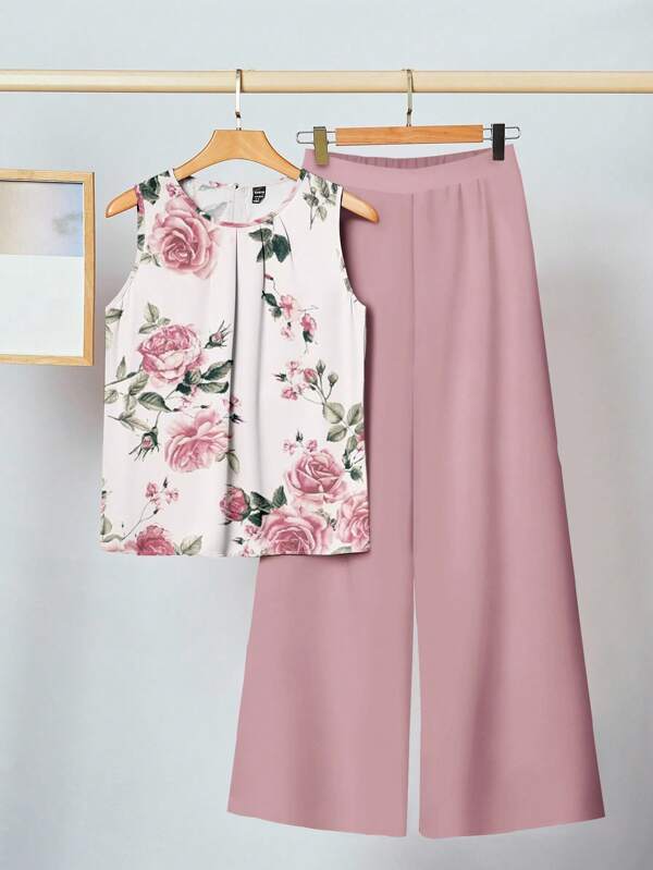 SHEIN Clasi 2pcs Casual Floral Print Women's Set, Includes Tank Top And Long Pants, Suitable For Summer
