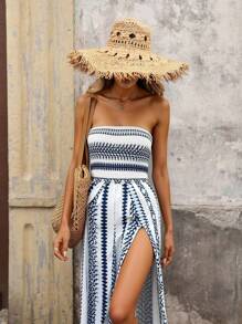 Brillora 女式波西米亚风几何印花露背高开衩连体裤 - 藍色 - 查看 1