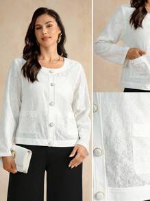 Flouryn Jaket Putih Wanita Ukuran Besar dengan Leher Bulat, Lengan Raglan, Kancing Tunggal, dan Patchwork Renda, Jaket Kasual Kantor Elegan untuk Musim Gugur - Putih - View 3