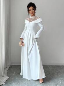 Elenzga Váy cưới dáng chữ A dài tay cổ cao ren tương phản lãng mạn thanh lịch dành cho khách dự tiệc cưới - trắng - Xem 5