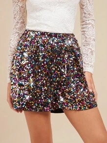 Amorya Pantalones cortos de mujer con decoración de lentejuelas brillantes en forma de A, elegantes pantalones cortos brillantes para fiestas navideñas - Multicolor - Ver 4