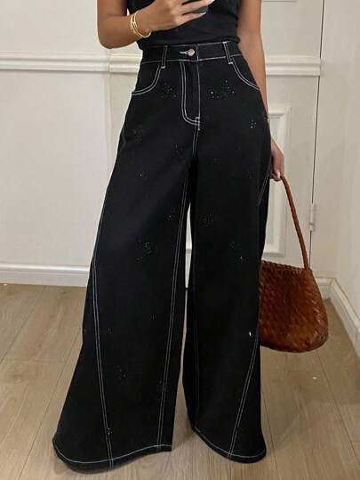DAZY 女士宽松阔腿牛仔裤，撞色缝线和水钻装饰，牛仔风格，适合春秋季节
