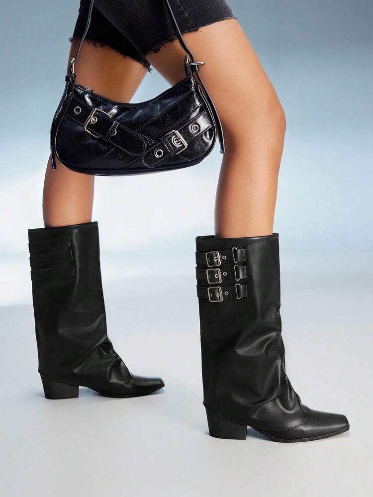 CUCCOO GRLICON Women's Square Toe Chunky Heel Black PU Fabric Silver Button Decor Fashion Comfortable Slip-On Boots, Suitable For Outdoor, Daily Wear And Party