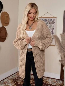 LanaWest Chunky Knit Drop Shoulder Cardigan,Long Sleeve Tops - Khaki - View 3