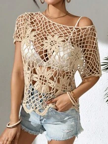 Swim Lushoire 女士手工钩编短袖沙滩罩衫 - 杏色 - 查看 4